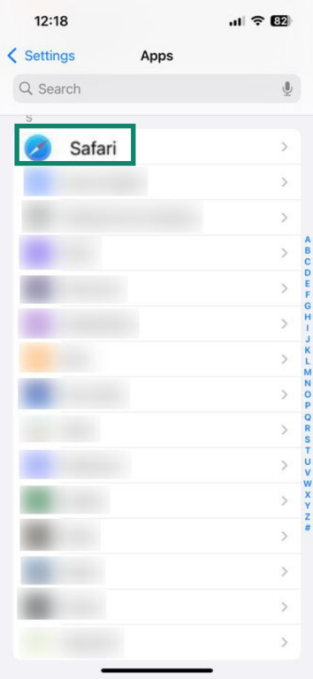 Screenshot with Safari highlighted in the Apps settings menu