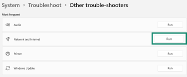 Other troubleshooters list showing Network and Internet with Run button.