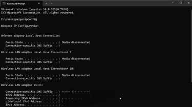 IP address showing in Windows command prompt