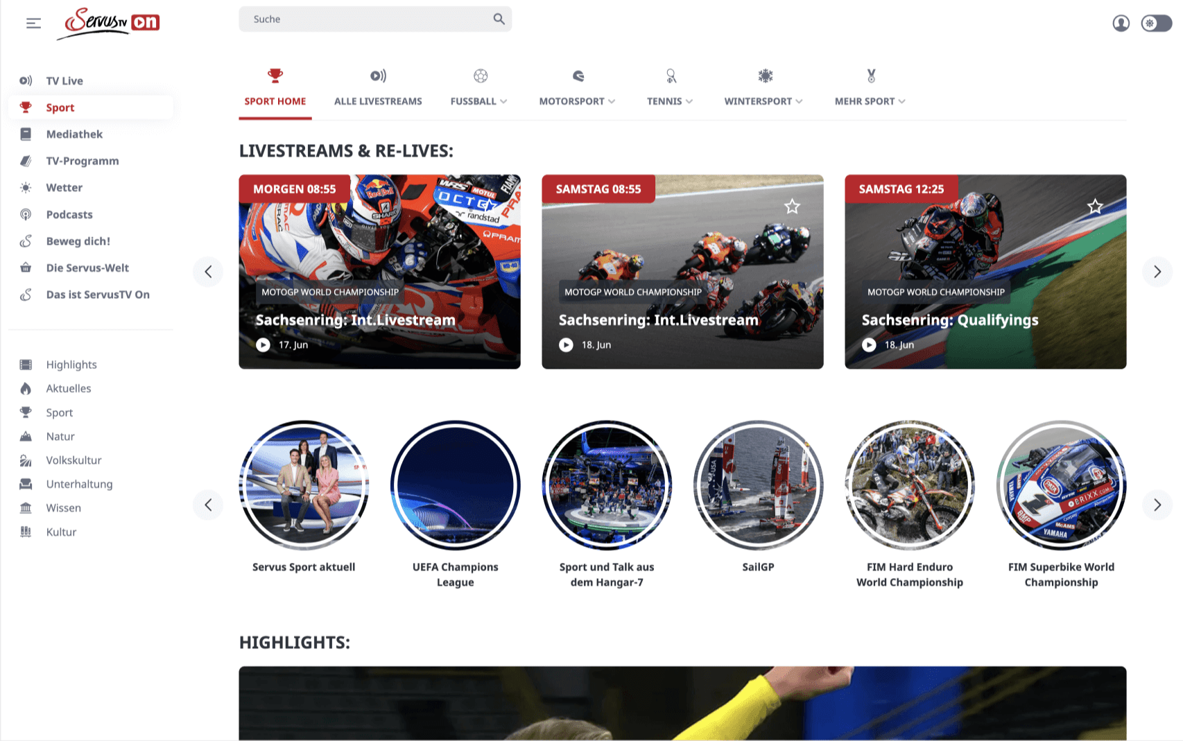ServusTV em uma tela desktop.