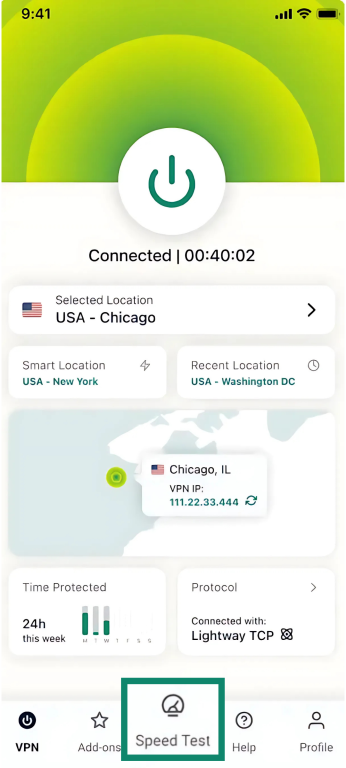 ExpressVPN mobile app Speed Test option.