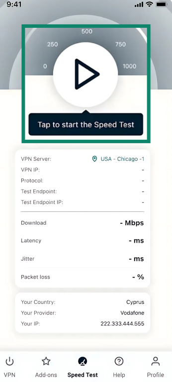 Play button to activate ExpressVPN mobile speed test.