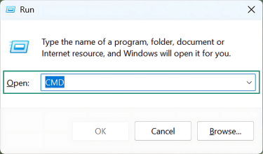 Type "CMD" into the Run program to open the Command Prompt.