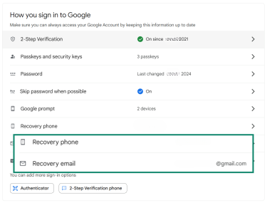 The Google Account security settings page shows the "Recovery phone" and "Recovery email" sections are highlighted, indicating that you need to add them.