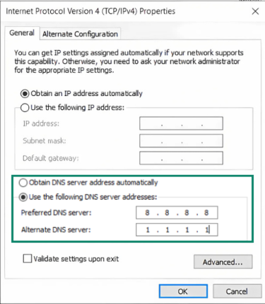 Setting a preferred and alternate server gives your network connection something to fall back to if the first DNS server doesn't work.