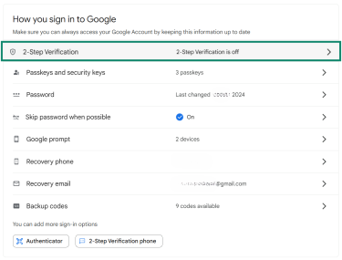 The Google Account security settings page shows the "2 Step-Verification" option highlighted, indicating that you need to add it.