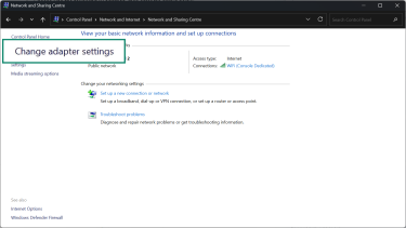 In the Network and Sharing Center, select the Change adapter settings.