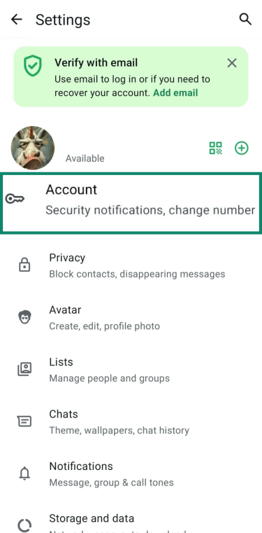 The WhatsApp Settings screen with the 'Account' menu option highlighted.