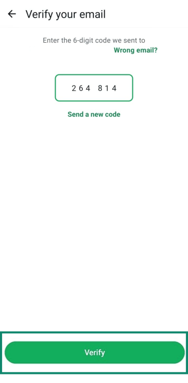 The email verification screen in WhatsApp. It shows a field for a 6-digit code and a 'Verify' button, used to confirm a recovery email address.