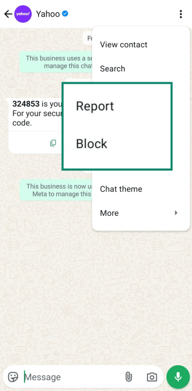 The menu in a WhatsApp chat with the 'Report' and 'Block' options highlighted together, showing how to take action against a suspicious contact.