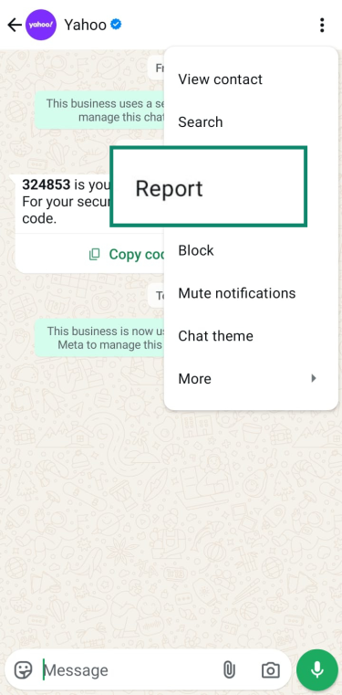 The options menu within a WhatsApp chat. The 'Report' button is highlighted to show users the specific action for reporting a malicious account.
