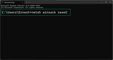 In the Command Prompt, type netsh winsock reset to start the network reset process.