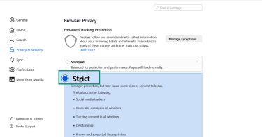 Firefox Enhanced Tracking Protection set to Strict.