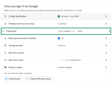 Screenshot of the “How you sign in to Google” section, highlighting the password settings with the last changed date in 2024.
