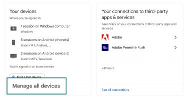 Google Account Security page showing the "Manage all devices" option highlighted.
